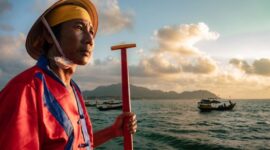 Seorang nelayan tradisional di perairan Indonesia sedang menggunakan teknik pancing ulur yang ramah lingkungan untuk menjaga populasi ikan serta kelestarian ekosistem terumbu karang.