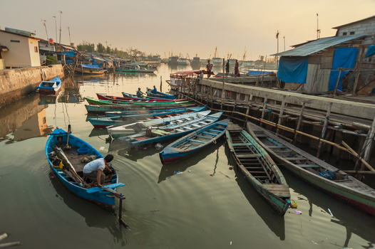 Deretan perahu tradisional milik warga nelayan yang berlabuh rapi di pesisir pantai saat matahari terbit, mencerminkan harmoni kehidupan bahari Nusantara.